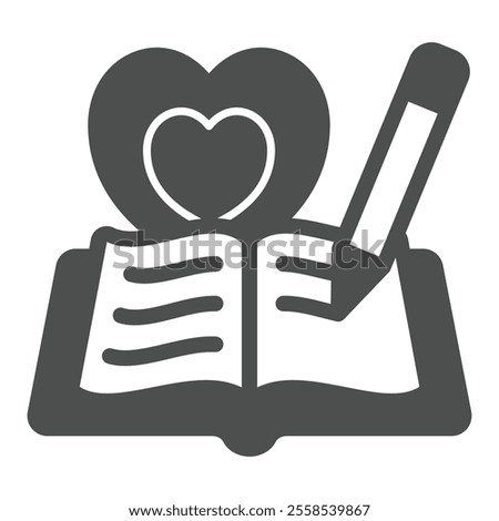 Heart shape with book solid icon, world writers holiday concept. Vector graphics. Opened favorite notebook and pencil sign on white background, glyph style icon for mobile or web design