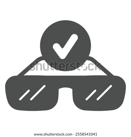 Dioptric eyeglasses and checkmark solid icon, optics and human vision concept. Vector graphics. Sunglasses sign on white background, glyph style icon for mobile or web design