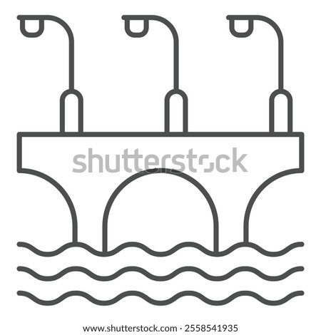 Bridge with arcs and lanterns thin line icon, construction structure concept. Vector graphics. Highway bridge at water sign on white background, outline style icon for mobile or web design