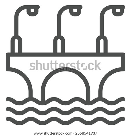 Bridge with arcs and lanterns line icon, construction structure concept. Vector graphics. Highway bridge at water sign on white background, outline style icon for mobile or web design