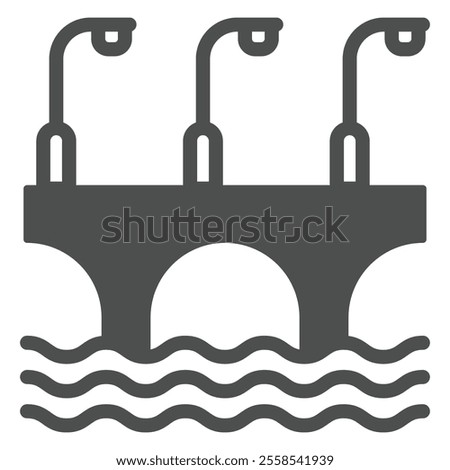 Bridge with arcs and lanterns solid icon, construction structure concept. Vector graphics. Highway bridge at water sign on white background, glyph style icon for mobile or web design