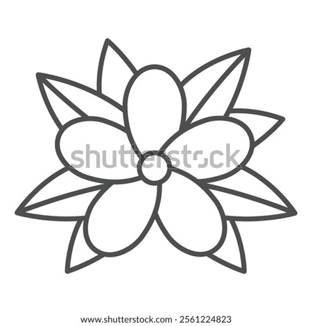 Thai flower with leaves thin line icon, thailand flora nature concept. Vector graphics. Aroma therapy plant sign on white background, outline style icon for mobile or web design