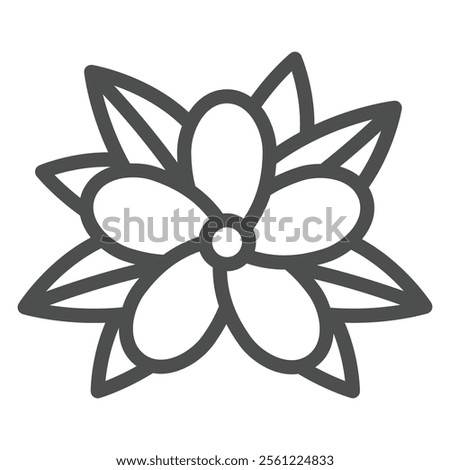 Thai flower with leaves line icon, thailand flora nature concept. Vector graphics. Aroma therapy plant sign on white background, outline style icon for mobile or web design