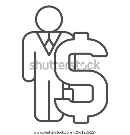 Huge dollar and businessman thin line icon, bank account concept. Vector graphics. Man with briefcase, deposit portfolio bag sign on white background, outline style icon for mobile or web design