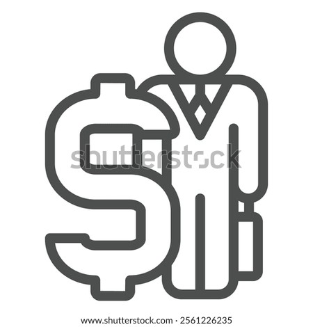 Huge dollar and businessman line icon, bank account concept. Vector graphics. Man with briefcase, deposit portfolio bag sign on white background, outline style icon for mobile or web design