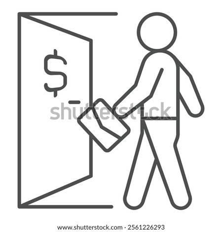 Man with briefcase at entrance door thin line icon, bank account concept. Vector graphics. Business client with portfolio sign on white background, outline style icon for mobile or web design