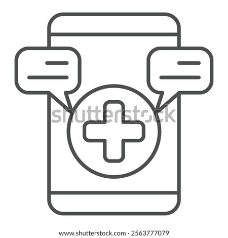 Smartphone with medical message thin line icon, emergency service concept. Vector graphics. Warning messages and plus cross sign on white background, outline style icon for mobile or web design