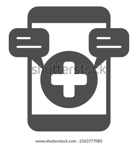 Smartphone with medical message solid icon, emergency service concept. Vector graphics. Warning messages and plus cross sign on white background, glyph style icon for mobile or web design