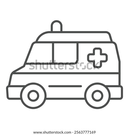 Ambulance car thin line icon, emergency service concept. Vector graphics. Paramedic rescue van with siren lamp, plus sign on white background, outline style icon for mobile or web design