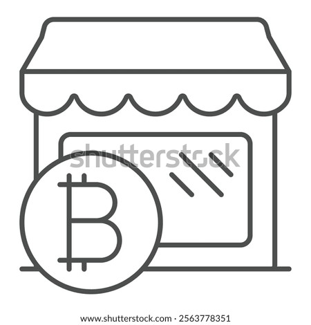 Shop facade with bitcoin thin line icon, shopping finance concept. Vector graphics. Store front with money coin sign on white background, outline style icon for mobile or web design