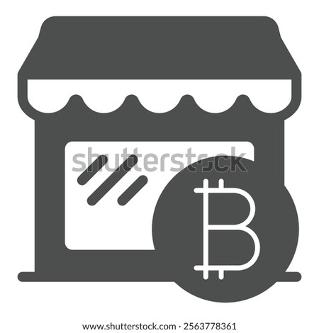 Shop facade with bitcoin solid icon, shopping finance concept. Vector graphics. Store front with money coin sign on white background, glyph style icon for mobile or web design