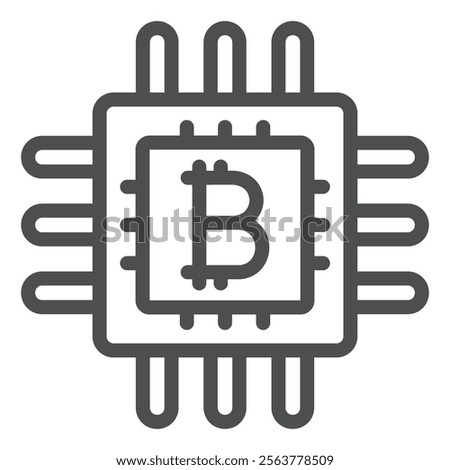 Bitcoin processor chip line icon, mining data concept. Vector graphics. Integrated circuit microchip with coin sign on white background, outline style icon for mobile or web design