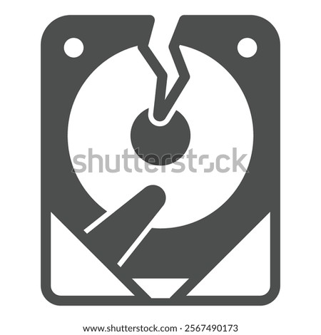 Hard disk drive breakdown solid icon, hacker attacks concept. Vector graphics. Data loss, crack on storage sign on white background, glyph style icon for mobile or web design