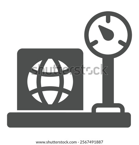 Weight scales with counter and box solid icon, delivery concept. Vector graphics. Box on scales sign on white background, glyph style icon for mobile or web design