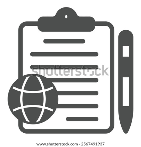 Waybill paper with pen and globe solid icon, delivery service concept. Vector graphics. Clipboard with document sign on white background, glyph style icon for mobile or web design