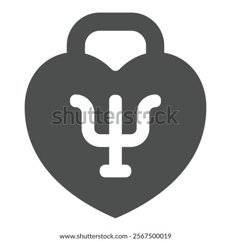 Heart shaped lock with trident solid icon, family psychology concept. Vector graphics. Safety lock with trident symbol, sign on white background, glyph style icon for mobile or web design