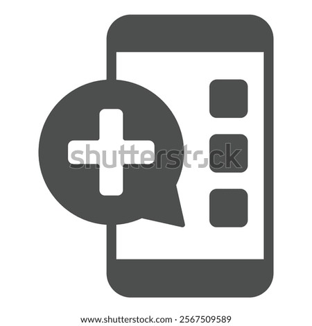 Smartphone message with medical cross solid icon, human rescue concept. Vector graphics. Phone with plus bubble sign on white background, glyph style icon for mobile or web design