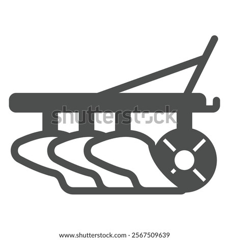 Plough with three shares, wheel solid icon, wheat production concept. Vector graphics. Farm field digging, plowing tool sign on white background, glyph style icon for mobile or web design