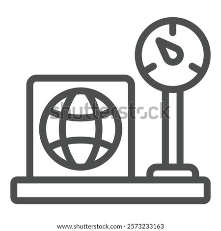 Weight scales with counter and box line icon, delivery concept. Vector graphics. Box on scales sign on white background, outline style icon for mobile or web design