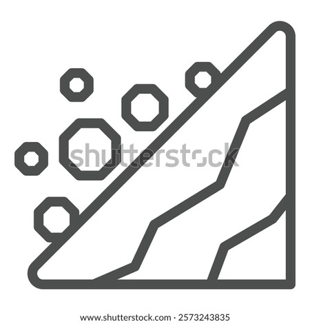 Mountain rockfall line icon, insurance event concept. Vector graphics. Rolling stones risk, mountain ground sliding sign on white background, outline style icon for mobile or web design