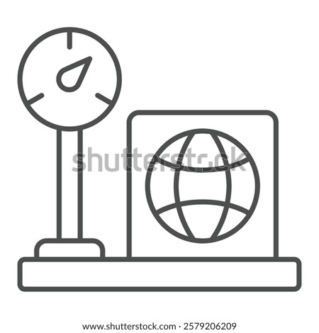 Weight scales with counter and box thin line icon, delivery concept. Vector graphics. Box on scales sign on white background, outline style icon for mobile or web design