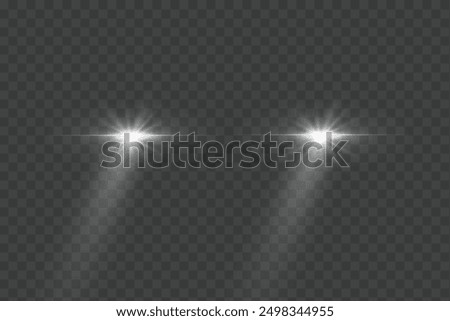 Cars light effect. White glow car headlight bright beams ray isolated on transparent background