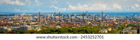 Similar – Image, Stock Photo Munich skyline, view from Monopteros temple in Englischer Garten, Germany. The image shows: Bavarian State Chancellery, Tower of St. Peter Church, Tower of New Town Hall, Frauenkirche, Theatinerkirche