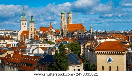 Similar – Image, Stock Photo Munich skyline, view from Monopteros temple in Englischer Garten, Germany. The image shows: Bavarian State Chancellery, Tower of St. Peter Church, Tower of New Town Hall, Frauenkirche, Theatinerkirche