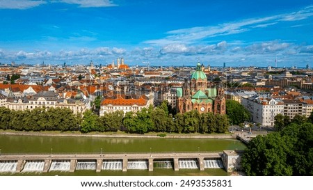 Similar – Image, Stock Photo Munich skyline, view from Monopteros temple in Englischer Garten, Germany. The image shows: Bavarian State Chancellery, Tower of St. Peter Church, Tower of New Town Hall, Frauenkirche, Theatinerkirche