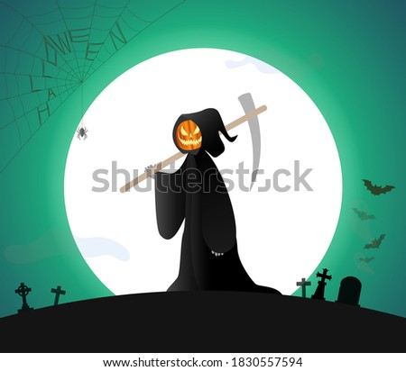 Jack O Lantern pumkin in The Death costume standing on full moon background, Halloween illustration vector  Foto stock © 