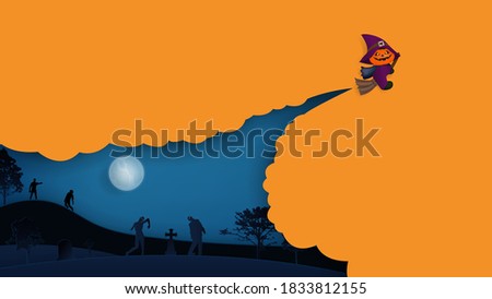 Jack O Lantern in witch costume flying in Halloween night with zombies on tomb background illustration vector Foto stock © 