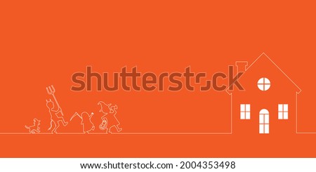 Halloween parade, children in monster costume walking together isolated on background, One single line continuous illustration vector. Foto stock © 
