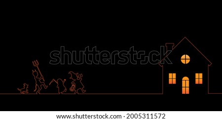 Halloween parade, children in monster costume walking together isolated on background, One single line continuous illustration vector. Foto stock © 