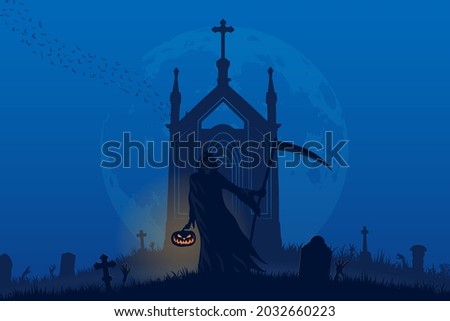 Grim Reaper holding Jack O Lantern pumpkin in full moon night on cemetery background, Halloween concept flat illustration vector. Foto stock © 