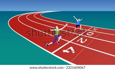 Happy running man and woman on number 2024 athletics track, New Year concept flat illustration vector.