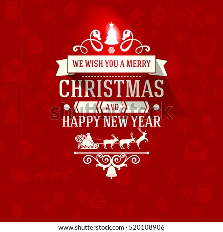 White Merry Christmas Greetings Badge Label, Simple Clean Design Elements On Red Background With