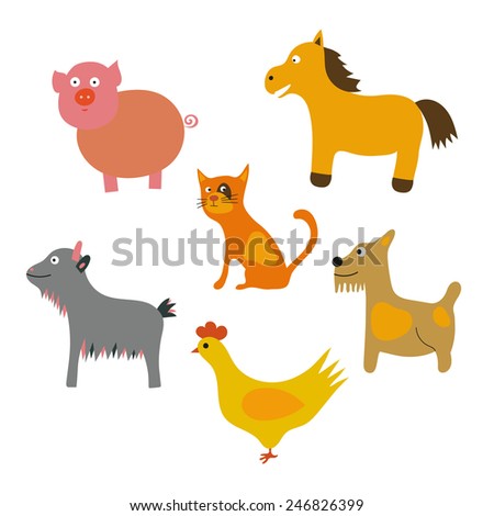Set of cute cartoon animals: cat, dog, horse, goat, pig and chicken