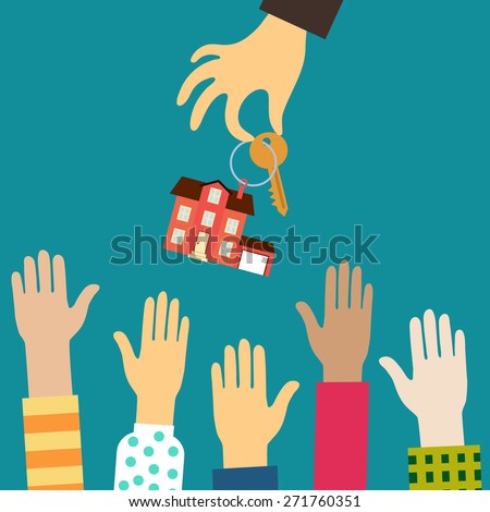Vector real estate concept in flat style - hand real estate agent holding holds a key with a tag in the form of homes, and buyers are pulling your hands. Demand and supply