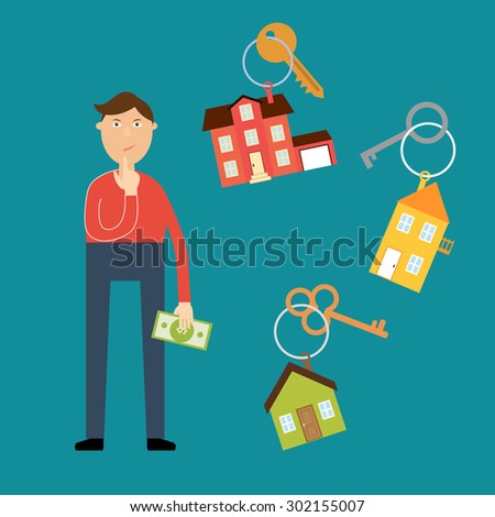 Vector real estate concept in flat style. Buyer with a dollar bill in his hand wondered which house to choose for rental or purchase. Nearby are the keys with key fobs in the form of houses