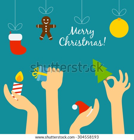 Vector christmas concept in flat style. Hands of the people are drawn to the Christmas symbols that hung on threads, among them ball, Christmas tree, Santa hat, gift. Christmas sales