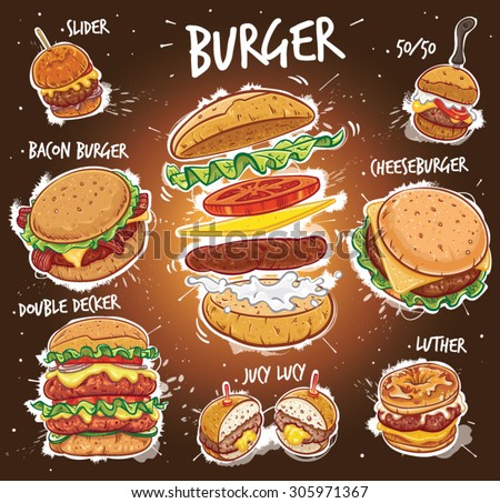 Hand drawn vector illustration of eight popular Burger varieties, including Hamburger, Cheeseburger, Bacon Burger, Double Decker Burger, Slider Burger, Luther Burger, 50/50 Burger, Juicy Lucy Burger.
