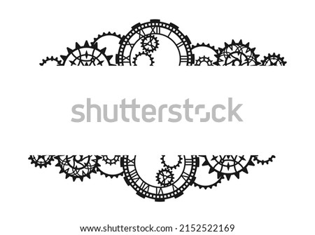 Vintage black border made of clock, different gears and cogwheels on a white background with place for text. Steampunk frame. Vector design template for banner, poster, flyer, signage, label, postcard