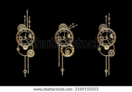 Set of golden clocks with gears, cogwheels, chains and windup keys on a white background. Mechanism. Steampunk. Decorative elements for a stylish holiday greeting card, banner, poster, signage, print