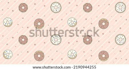 Cute donuts with funny faces on a striped pink background with small stars and dots. Endless texture with kawaii dessert characters. Vector seamless pattern for cover, wrapping paper, packaging, print