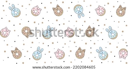 Donuts in the form of cute animals on a white background with small stars and dots. Endless texture with kawaii dessert characters. Vector seamless pattern for print, surface texture or wrapping paper