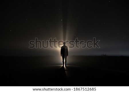 Image, Stock Photo Dark silhouette of man walking through the wooden bridge in the forest. Mountain lake and stream. Hiking in forest. Natur park hiking trail. Black forest. Schwarzwald, Germany.