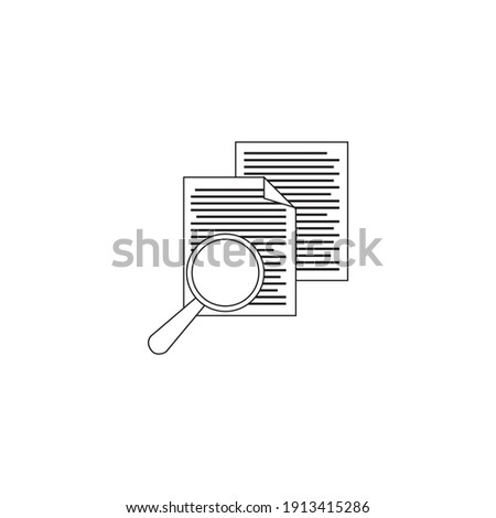 Analyzing document. Magnifying glass over clipboard with document. Outline Vector of lupe document search document. Line icon of search concept with magnifying glass