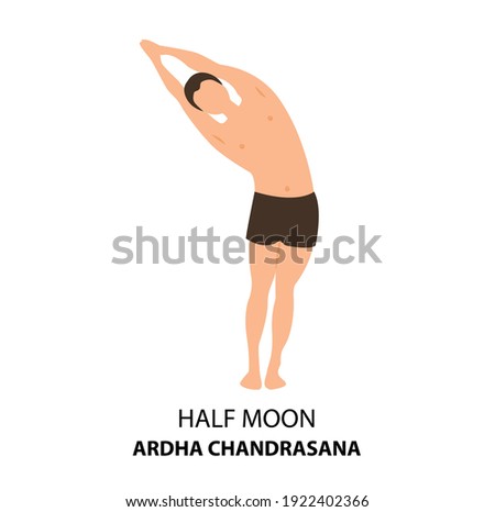 Man practicing yoga isolated on white background. Man doing yoga. Man standing in Half Moon Pose Yoga or Ardha Chandrasana, Vector Illustration. Yoga poses