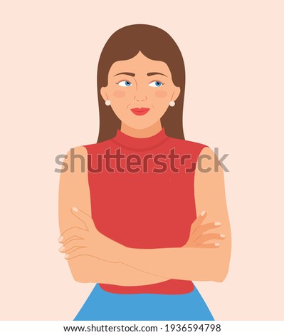 Beautiful young business lady. Elegant woman being in good mood, looking to the left side. Confident woman crossing arms, smiling and relaxed, isolated over background, flat design Vector illustration
