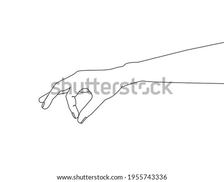 Hand making gesture while taking small amount of something outline drawing. hand showing or holding something closeup. hand measuring invisible items. picking something up by hand line illustration